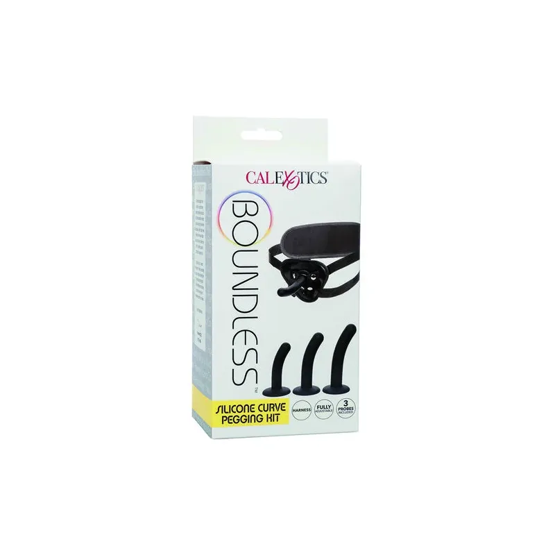 CalExotics curved silicone strap-on kit with adjustable harness and three curved probes for varied stimulation