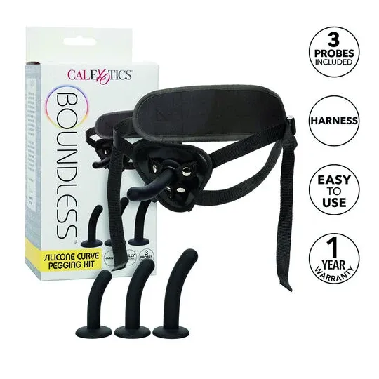 Kit de arnés curvo de silicona CalExotics con correa ajustable y tres sondas curvas para estimulación variada
