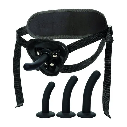 Kit di imbracatura curva in silicone CalExotics con cintura regolabile e tre sonde curve per stimolazione varia