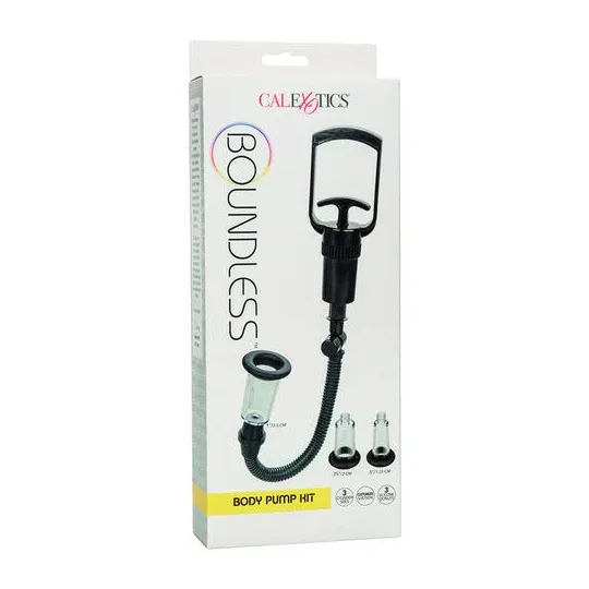 Kit de pompe corporelle CalExotics avec trois cylindres de diamètres différents et valve de purge pour aspiration réglable.