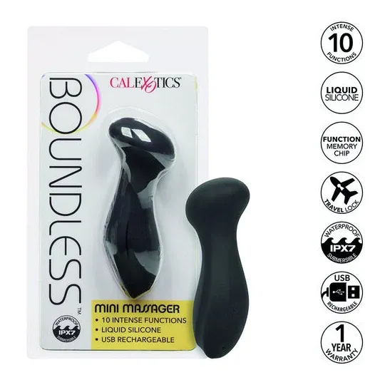 Mini masseur CalExotics Boundless en silicone liquide, étanche IPX7, rechargeable, forme arrondie.