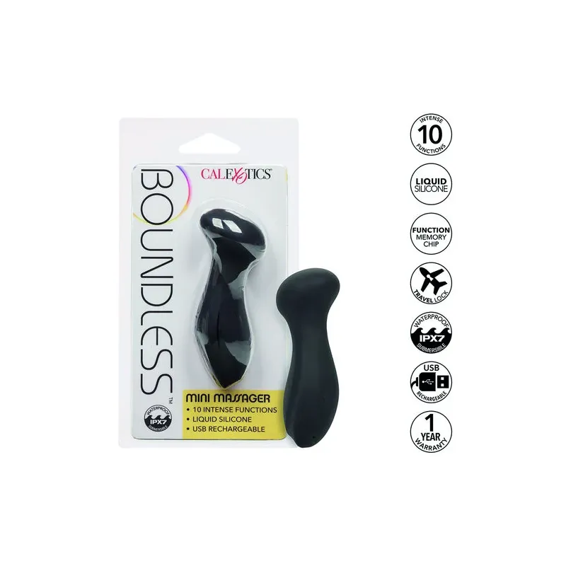 Mini masseur CalExotics Boundless en silicone liquide, étanche IPX7, rechargeable, forme arrondie.