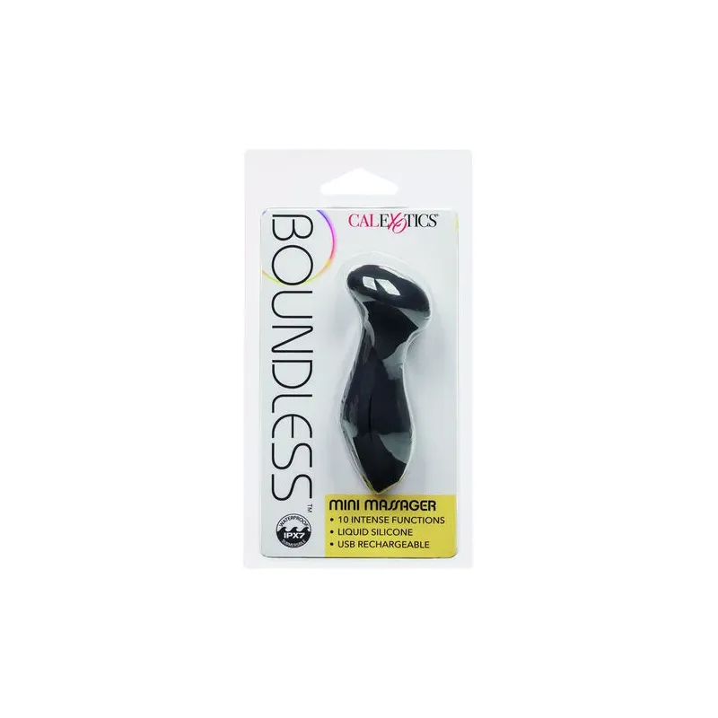 Mini masseur CalExotics Boundless en silicone liquide, étanche IPX7, rechargeable, forme arrondie.
