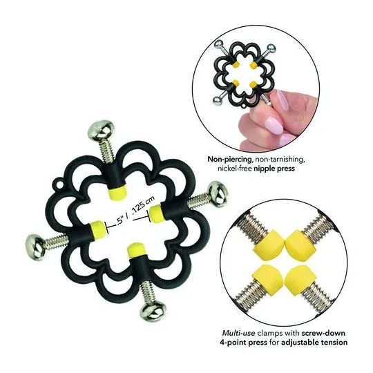 Adjustable nipple clamp CalExotics silver metal with 4-point screw, top view.