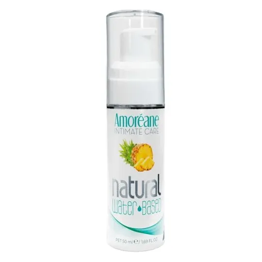 Lubricante a base de agua con aroma de piña 50ml - Amoreane - Frasco transparente con líquido amarillo