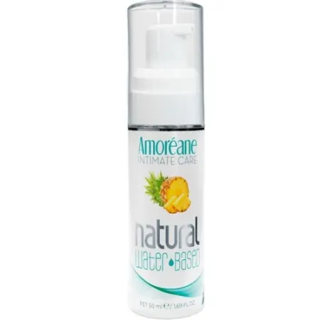 Lubricante a base de agua con aroma de piña 50ml - Amoreane - Frasco transparente con líquido amarillo