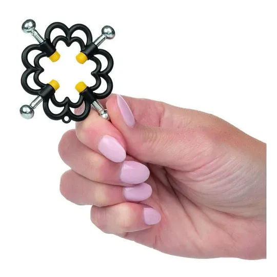 Adjustable nipple clamp CalExotics silver metal with 4-point screw, top view.