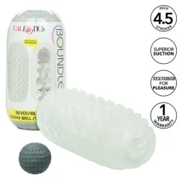CalExotics Boundless reversible squishy ball stroker yellow - overview with removable soft ball and smooth and ribbed textures.