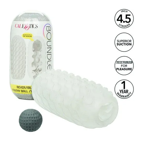 CalExotics Boundless réversible squishy ball stimulateur jaune - vue d'ensemble avec balle souple amovible et textures lisse et 