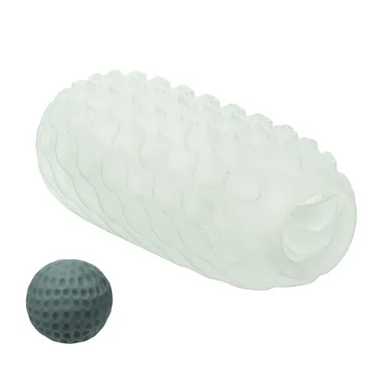 CalExotics Boundless reversible squishy ball stroker yellow - overview with removable soft ball and smooth and ribbed textures.