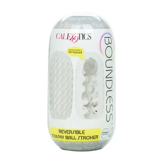 CalExotics Boundless reversible squishy ball stroker yellow - overview with removable soft ball and smooth and ribbed textures.