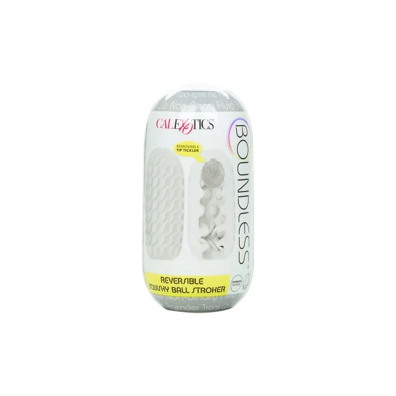 CalExotics Boundless estimulador reversible squishy ball amarillo - vista general con bola suave extraíble y texturas lisa y aca