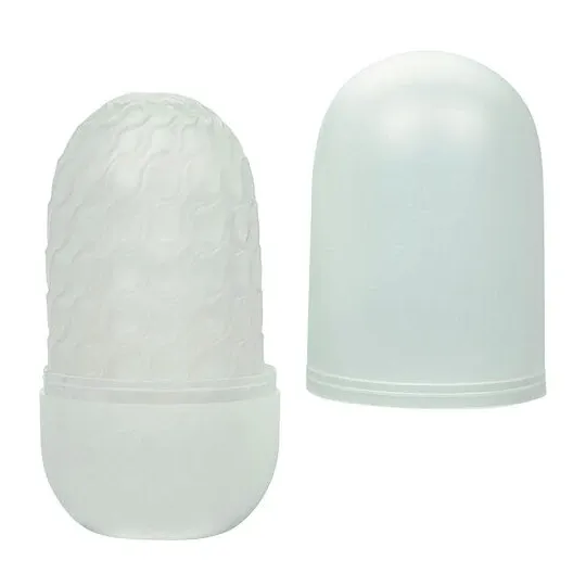 CalExotics reversible male stroker in gray with removable ball, smooth and ribbed textures.