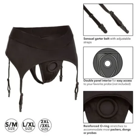 Harnais de couple CalExotics Boundless string avec porte-jarretelles, ceinture large noire, vue de face