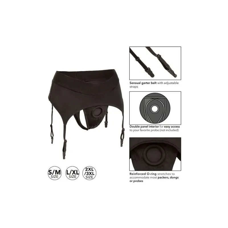 Harnais de couple CalExotics Boundless string avec porte-jarretelles, ceinture large noire, vue de face
