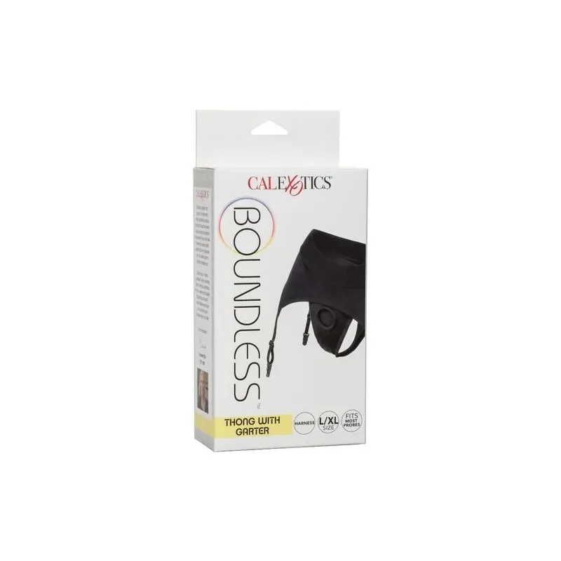 Harnais de couple CalExotics Boundless string avec porte-jarretelles, ceinture large noire, vue de face
