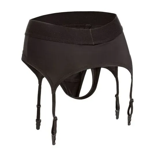 Harnais de couple CalExotics Boundless string avec porte-jarretelles, ceinture large noire, vue de face