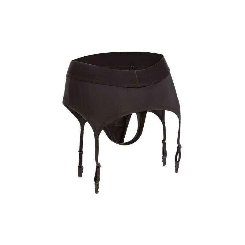 Harnais de couple CalExotics Boundless string avec porte-jarretelles, ceinture large noire, vue de face