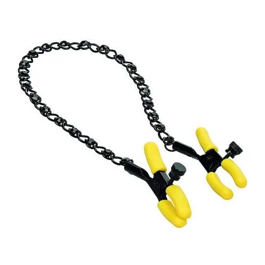 CalExotics Boundless adjustable nipple clamps with crystal chain and silicone tips for teasing stimulation