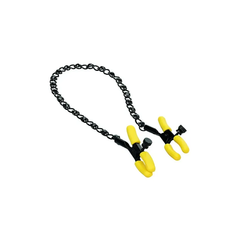 CalExotics Boundless adjustable nipple clamps with crystal chain and silicone tips for teasing stimulation