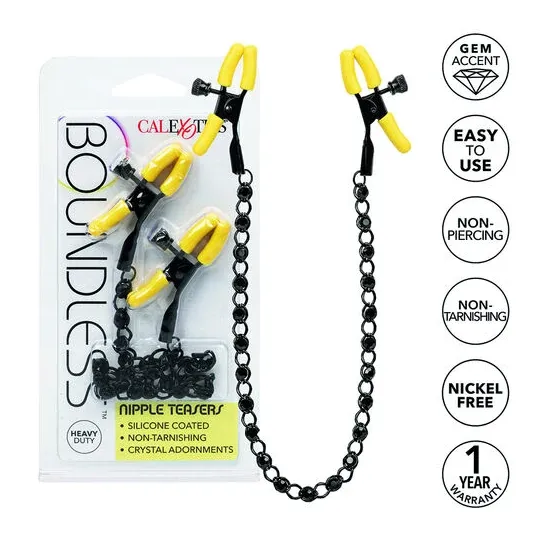 CalExotics Boundless adjustable nipple clamps with crystal chain and silicone tips for teasing stimulation