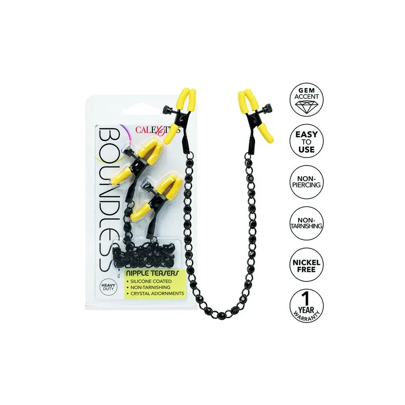 CalExotics Boundless adjustable nipple clamps with crystal chain and silicone tips for teasing stimulation