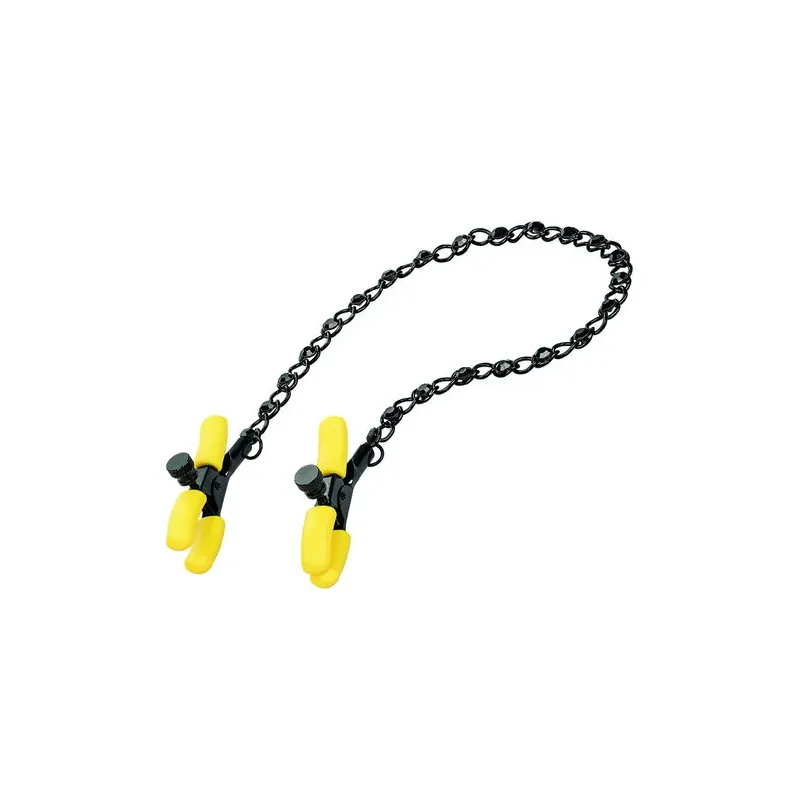 CalExotics Boundless adjustable nipple clamps with crystal chain and silicone tips for teasing stimulation