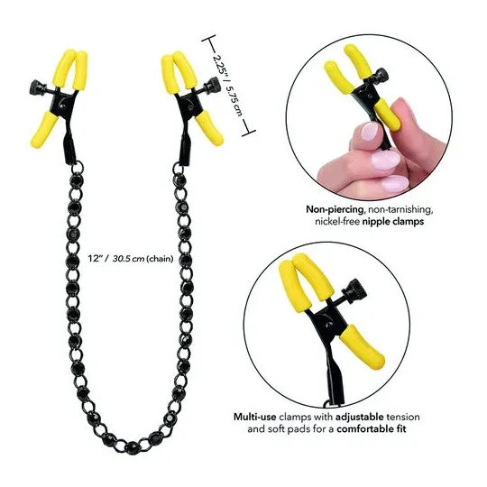 CalExotics Boundless adjustable nipple clamps with crystal chain and silicone tips for teasing stimulation