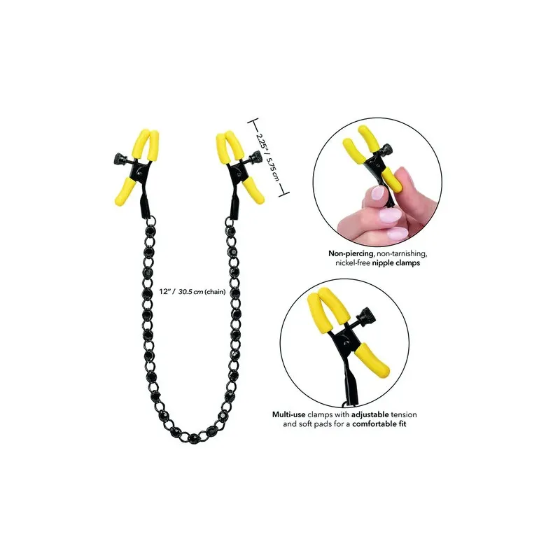 CalExotics Boundless adjustable nipple clamps with crystal chain and silicone tips for teasing stimulation