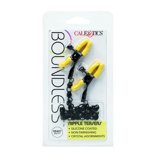 CalExotics Boundless adjustable nipple clamps with crystal chain and silicone tips for teasing stimulation