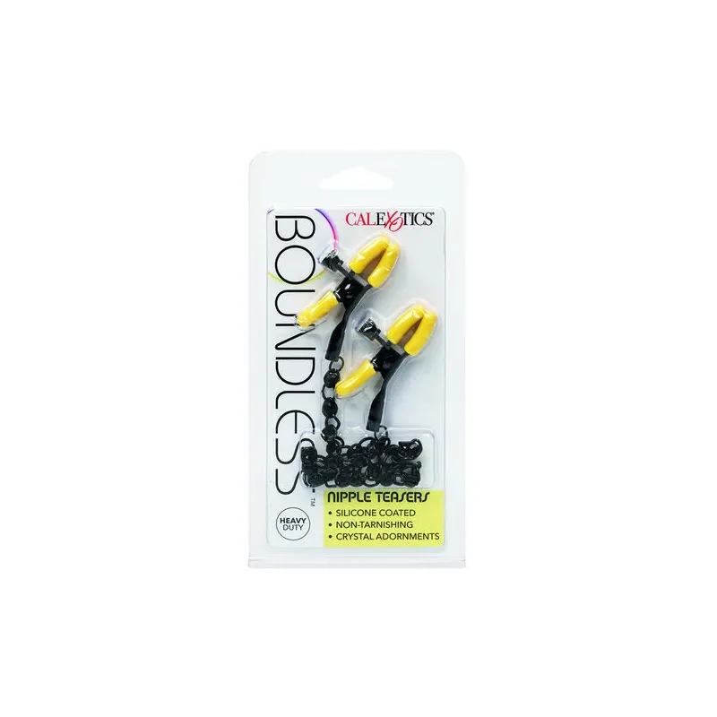 CalExotics Boundless adjustable nipple clamps with crystal chain and silicone tips for teasing stimulation