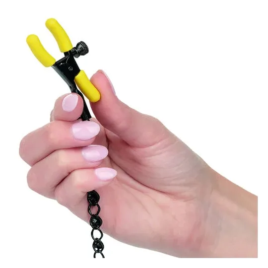 CalExotics Boundless adjustable nipple clamps with crystal chain and silicone tips for teasing stimulation