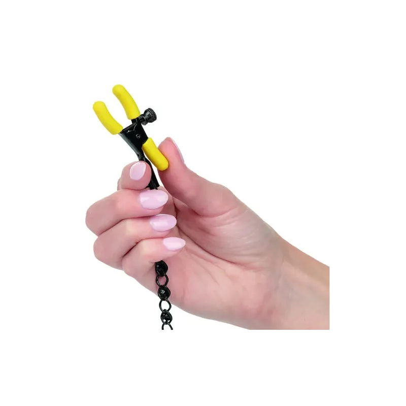 CalExotics Boundless adjustable nipple clamps with crystal chain and silicone tips for teasing stimulation