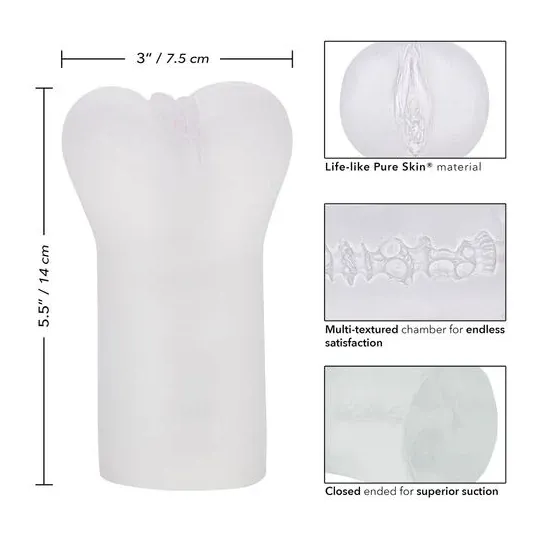 Clear vulva stroker CALEXOTICS in realistic Pure Skin material with closed end
