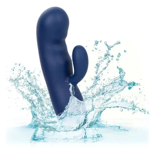 Masseur vibrant double moteur CALEXOTICS en silicone bleu, pointe incurvée pour stimulation du point G.