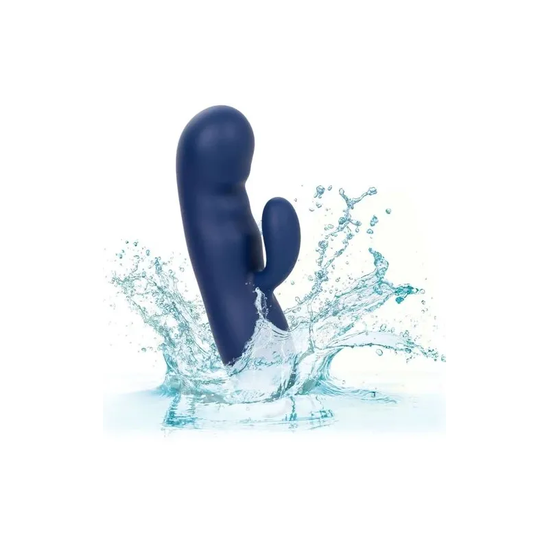 Masseur vibrant double moteur CALEXOTICS en silicone bleu, pointe incurvée pour stimulation du point G.