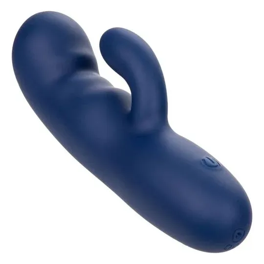 Masseur vibrant double moteur CALEXOTICS en silicone bleu, pointe incurvée pour stimulation du point G.