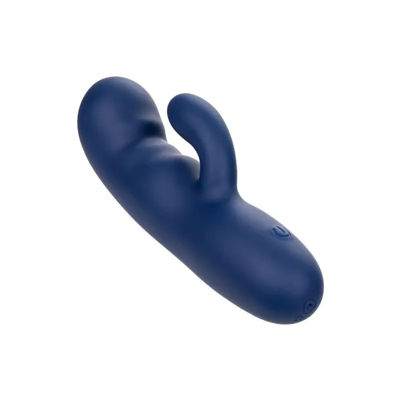 Masseur vibrant double moteur CALEXOTICS en silicone bleu, pointe incurvée pour stimulation du point G.