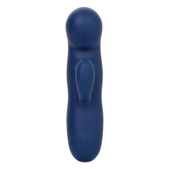 Masseur vibrant double moteur CALEXOTICS en silicone bleu, pointe incurvée pour stimulation du point G.