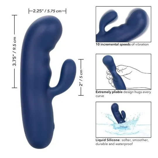Masseur vibrant double moteur CALEXOTICS en silicone bleu, pointe incurvée pour stimulation du point G.