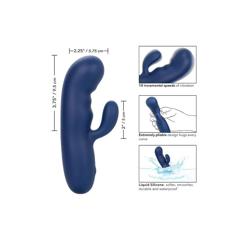 Masseur vibrant double moteur CALEXOTICS en silicone bleu, pointe incurvée pour stimulation du point G.