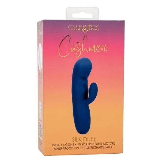 Masseur vibrant double moteur CALEXOTICS en silicone bleu, pointe incurvée pour stimulation du point G.