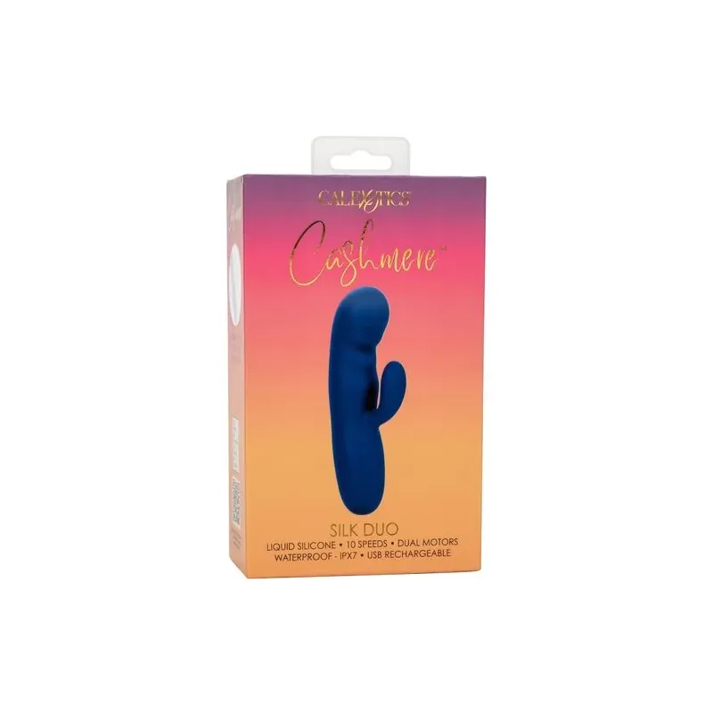 Masseur vibrant double moteur CALEXOTICS en silicone bleu, pointe incurvée pour stimulation du point G.