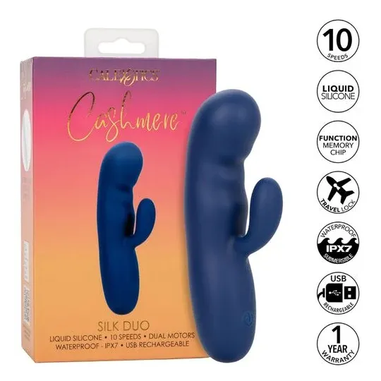 Masseur vibrant double moteur CALEXOTICS en silicone bleu, pointe incurvée pour stimulation du point G.