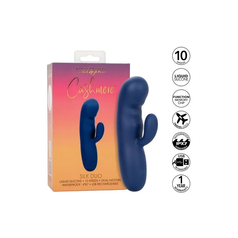 Masseur vibrant double moteur CALEXOTICS en silicone bleu, pointe incurvée pour stimulation du point G.