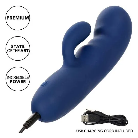 Masseur vibrant double moteur CALEXOTICS en silicone bleu, pointe incurvée pour stimulation du point G.