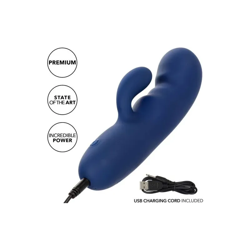 Masseur vibrant double moteur CALEXOTICS en silicone bleu, pointe incurvée pour stimulation du point G.