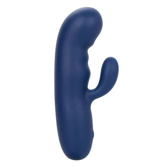 Masseur vibrant double moteur CALEXOTICS en silicone bleu, pointe incurvée pour stimulation du point G.