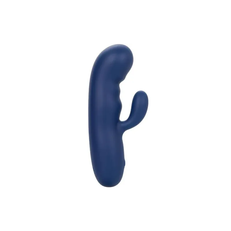 Masseur vibrant double moteur CALEXOTICS en silicone bleu, pointe incurvée pour stimulation du point G.