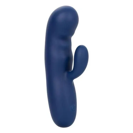 Masseur vibrant double moteur CALEXOTICS en silicone bleu, pointe incurvée pour stimulation du point G.